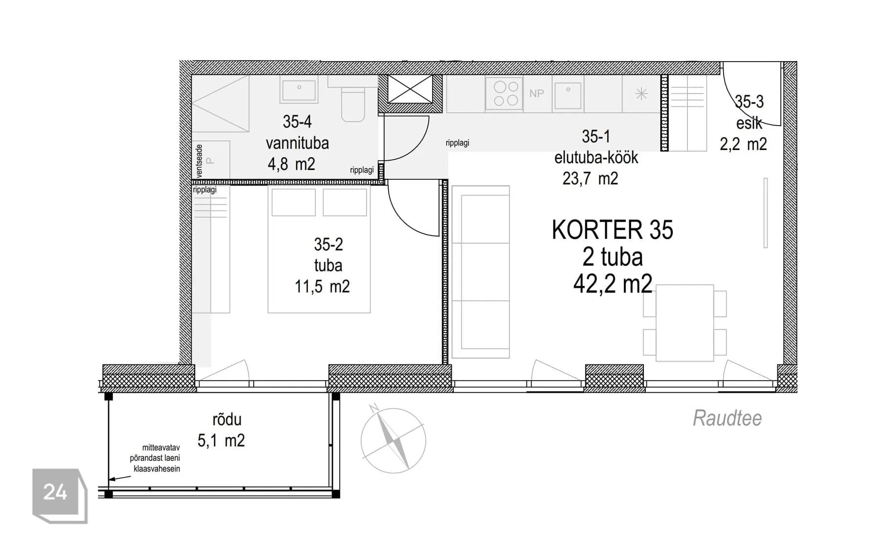 3-room apartment with sea view.