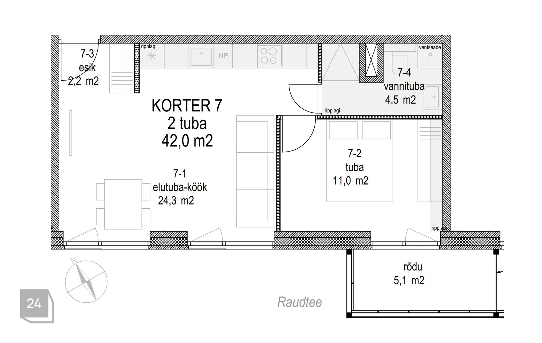 2-room apartment with kitchenette.