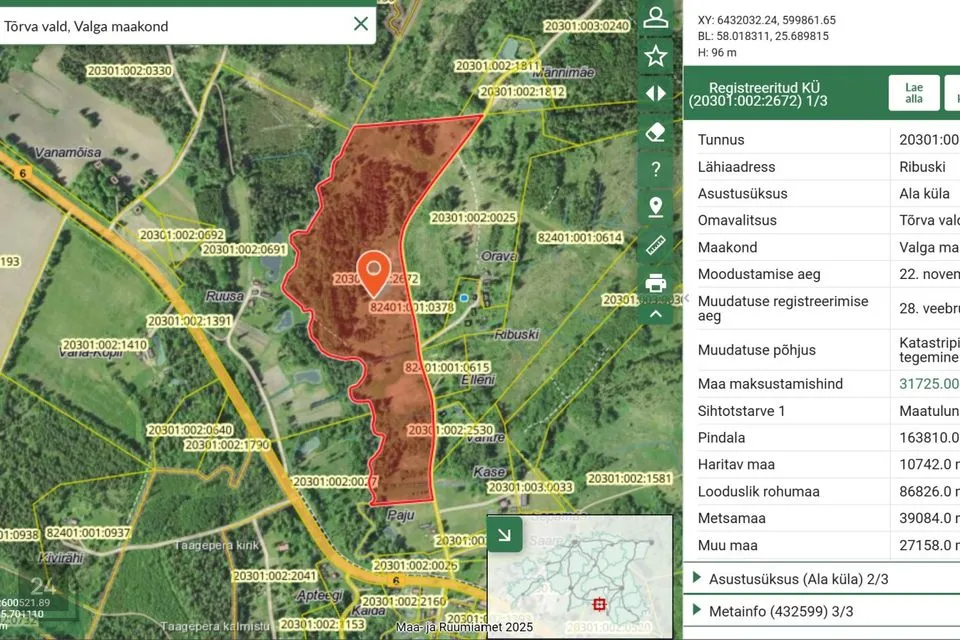 Maatulundusmaa, 163810 m² участок в Tõrva vald, Ala küla
